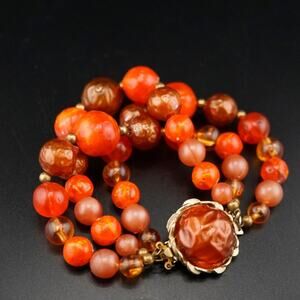 Vintage 3 Strand Retro Beaded Bracelet Orange Chunky Statement Box Clasp 6.5 MCM
